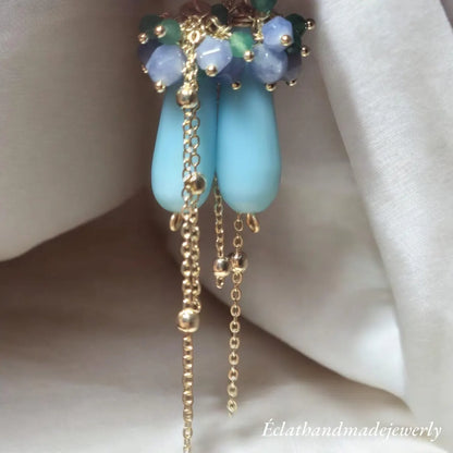 Blue Chalcedony Earrings, Chalcedony Gemstone Earrings, 14k Gold Teardrop Earrings, Green Aventurine Earrings, Tourmaline Cluster Earrings