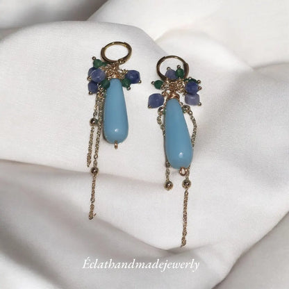 Blue Chalcedony Earrings, Chalcedony Gemstone Earrings, 14k Gold Teardrop Earrings, Green Aventurine Earrings, Tourmaline Cluster Earrings