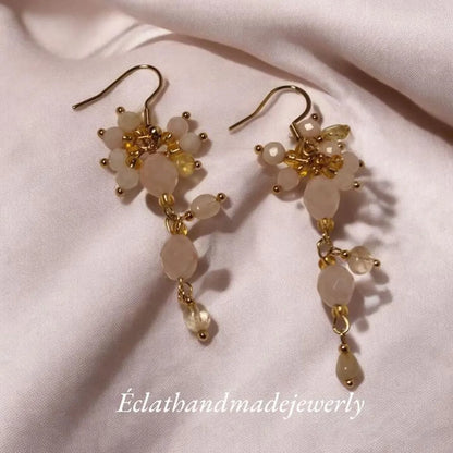 Rose Quartz and Moonstone Earrings, Gemstone Earrings, Cluster Earrings, Gold Dangle Earrings, Bridal Earrings, Wedding Earrings for Her