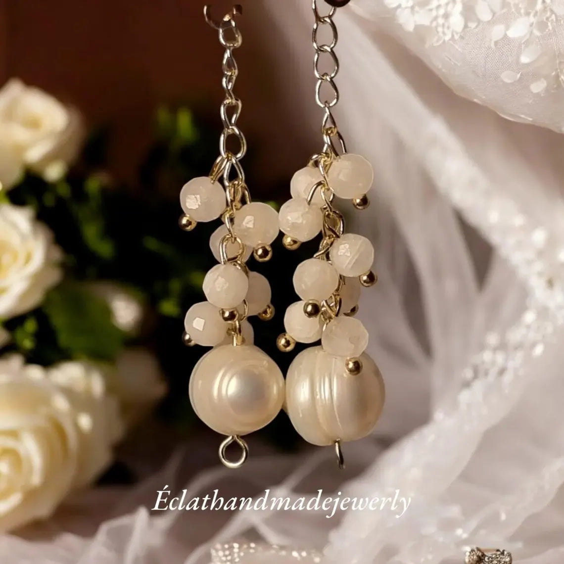 Freshwater Pearl Dangle Earrings, Moonstone Cluster Earrings, 14k Gold Earrings, Gemstone Earrings, Bridal Earrings, Anniversary Earrings