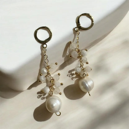 Freshwater Pearl Dangle Earrings, Moonstone Cluster Earrings, 14k Gold Earrings, Gemstone Earrings, Bridal Earrings, Anniversary Earrings