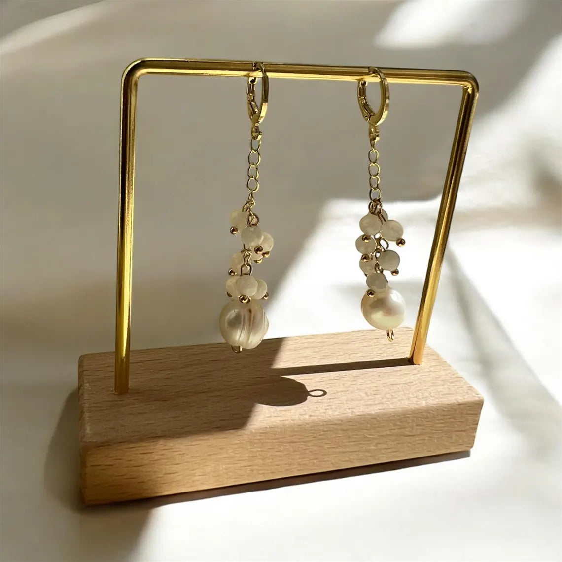 Freshwater Pearl Dangle Earrings, Moonstone Cluster Earrings, 14k Gold Earrings, Gemstone Earrings, Bridal Earrings, Anniversary Earrings