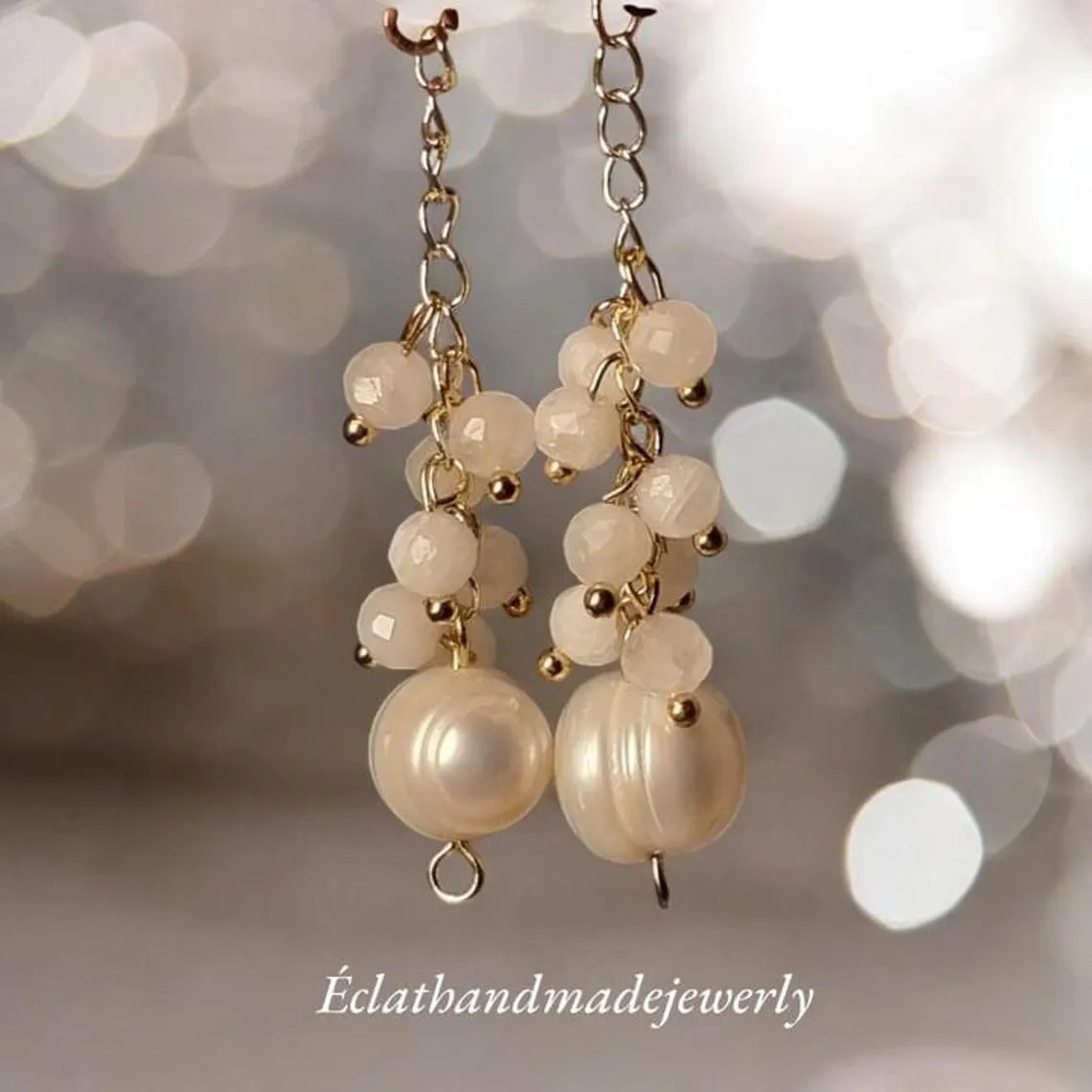 Freshwater Pearl Dangle Earrings, Moonstone Cluster Earrings, 14k Gold Earrings, Gemstone Earrings, Bridal Earrings, Anniversary Earrings
