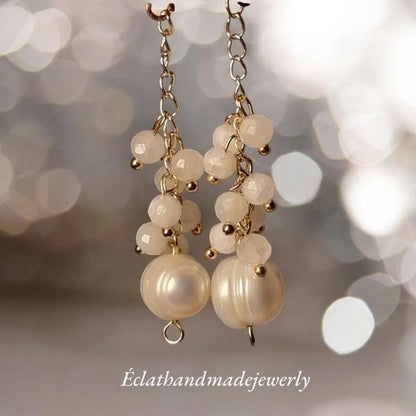 Freshwater Pearl Dangle Earrings, Moonstone Cluster Earrings, 14k Gold Earrings, Gemstone Earrings, Bridal Earrings, Anniversary Earrings