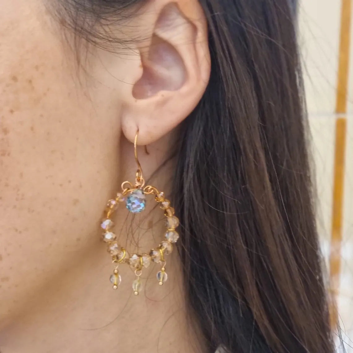 Crystal Hoop Earrings, Champagne Natural Stone Earrings, Dangle Earrings, Bridal Earrings, Bridal Champagne Earrings, Bridesmaids Earrings