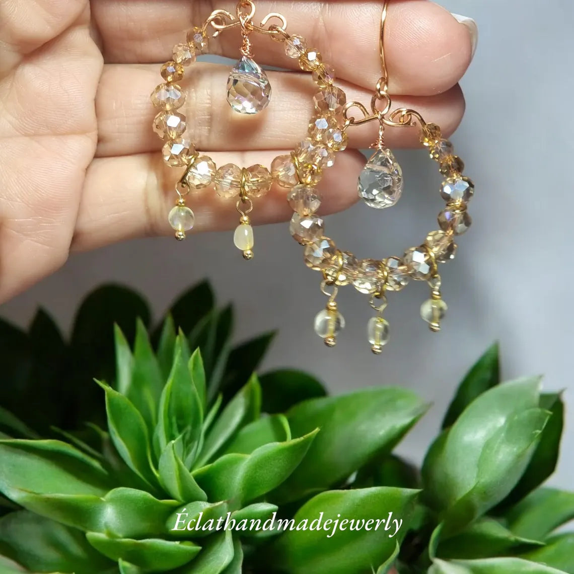 Crystal Hoop Earrings, Champagne Natural Stone Earrings, Dangle Earrings, Bridal Earrings, Bridal Champagne Earrings, Bridesmaids Earrings