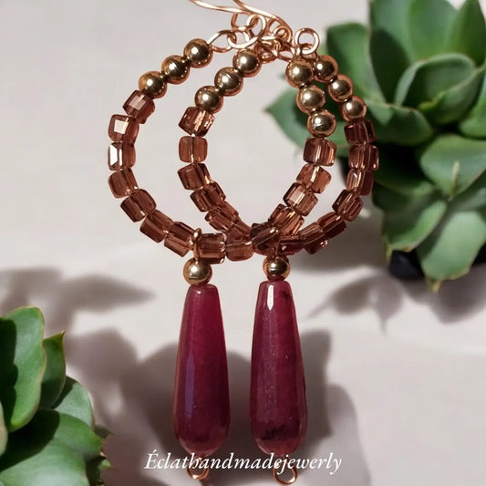 Smoky Quartz Burgundy Earrings, Crystal Glass Beaded Earrings, Statement Earrings, Gemstone Earrings, Bridal Earrings, Earrings for Women