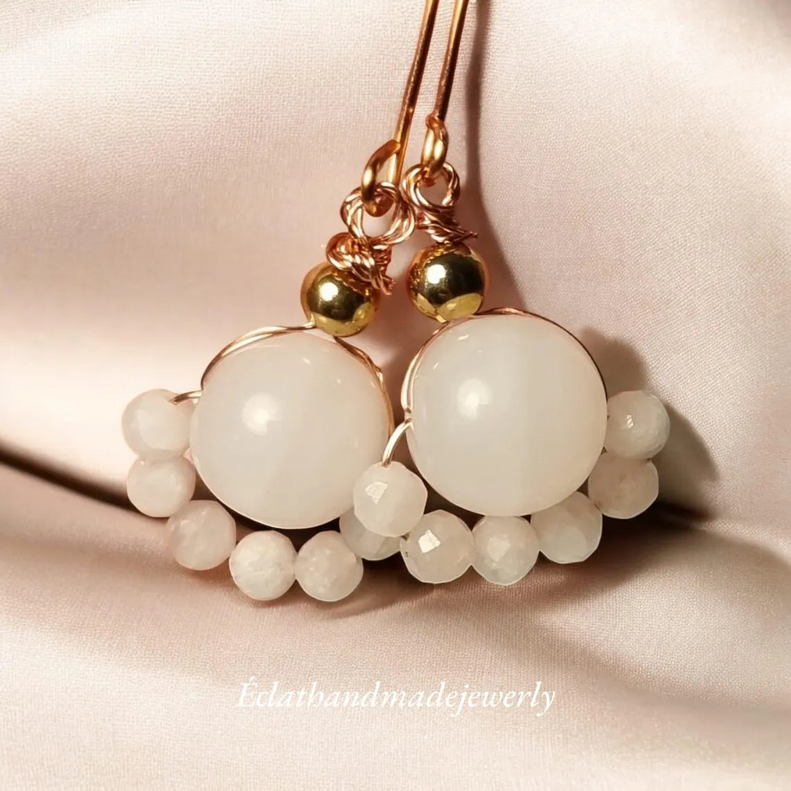 White Jade Earrings with White Moonstone, Gemstone Earrings, Beaded Earrings, Cute Earrings, Bridal Earrings, Birthday Gifts for Her