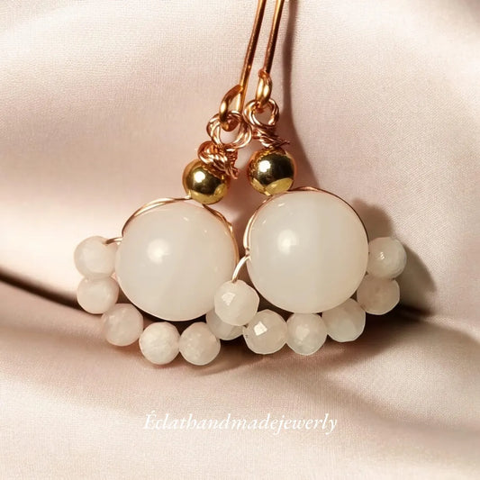 White Jade Earrings with White Moonstone, Gemstone Earrings, Beaded Earrings, Cute Earrings, Bridal Earrings, Birthday Gifts for Her