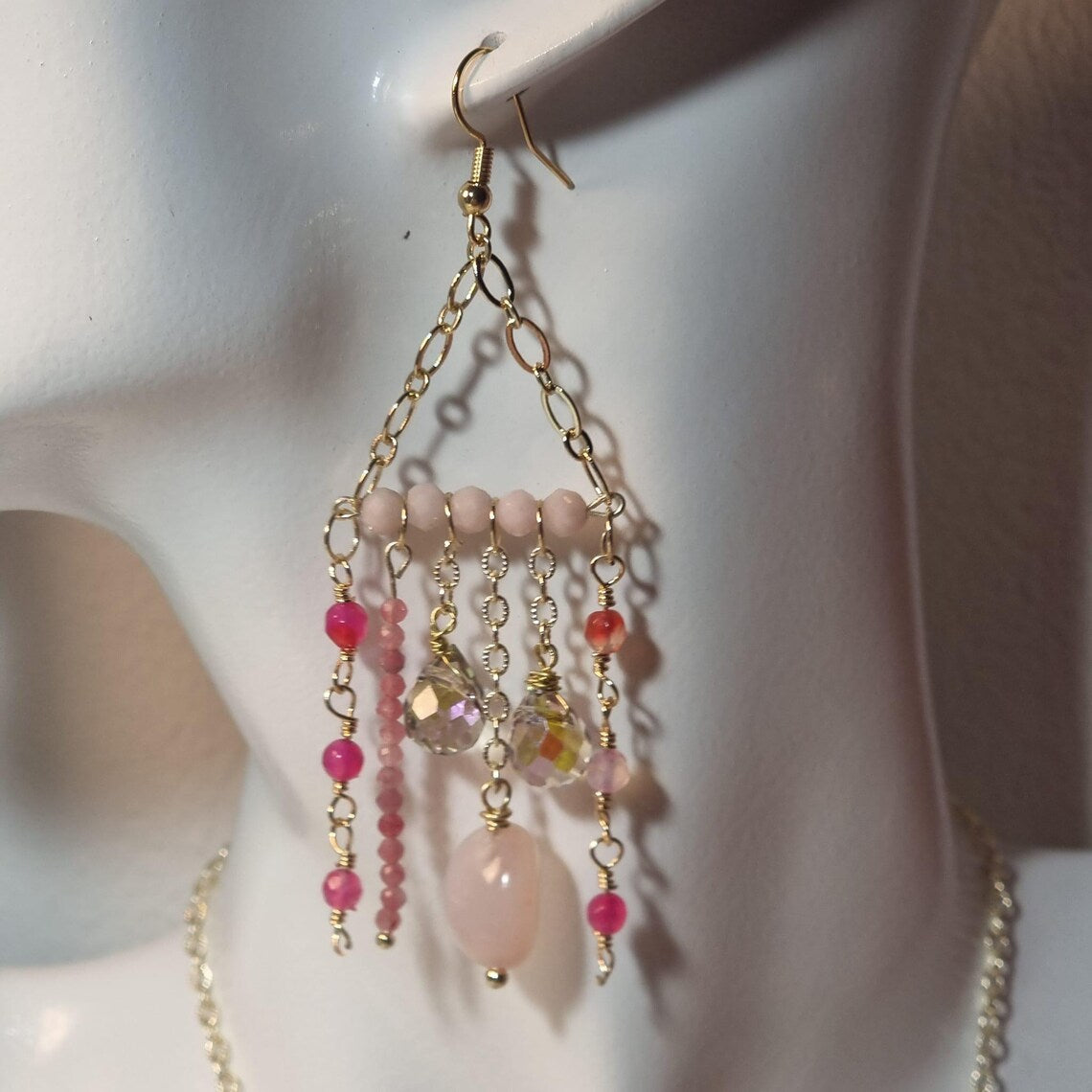Rose Quartz and Pink Chandelier Earrings, Gemstone Earrings, Natural Beaded Earrings, Bridal Earrings for Her, Wedding Earrings for Women