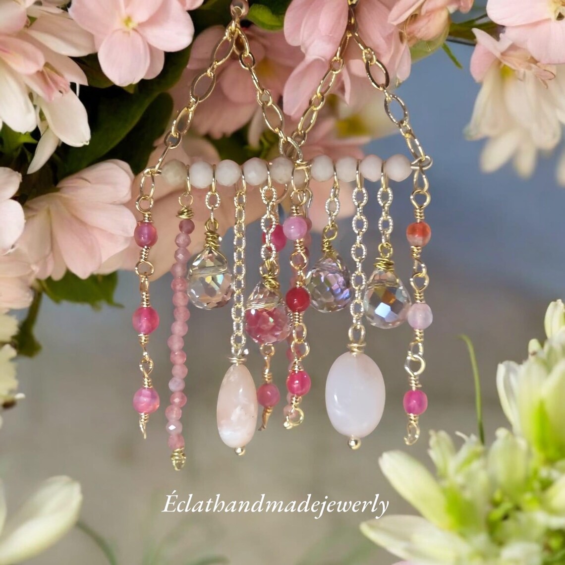 Rose Quartz and Pink Chandelier Earrings, Gemstone Earrings, Natural Beaded Earrings, Bridal Earrings for Her, Wedding Earrings for Women