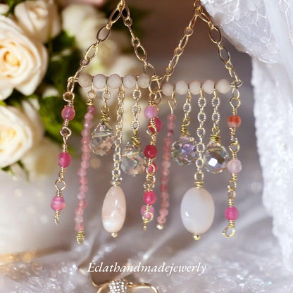 Rose Quartz and Pink Chandelier Earrings, Gemstone Earrings, Natural Beaded Earrings, Bridal Earrings for Her, Wedding Earrings for Women