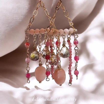 Rose Quartz and Pink Chandelier Earrings, Gemstone Earrings, Natural Beaded Earrings, Bridal Earrings for Her, Wedding Earrings for Women