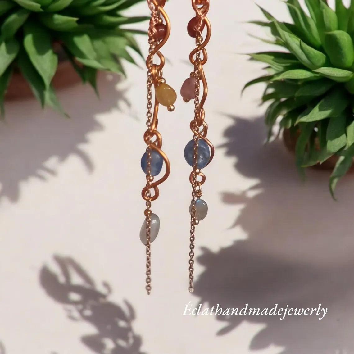 Multi Gemstone Earrings, Spiral Dangle Earrings, 18k Gold Plated Earrings, Cute Simple Earrings, Boho Earrings, Statement Earrings for Women