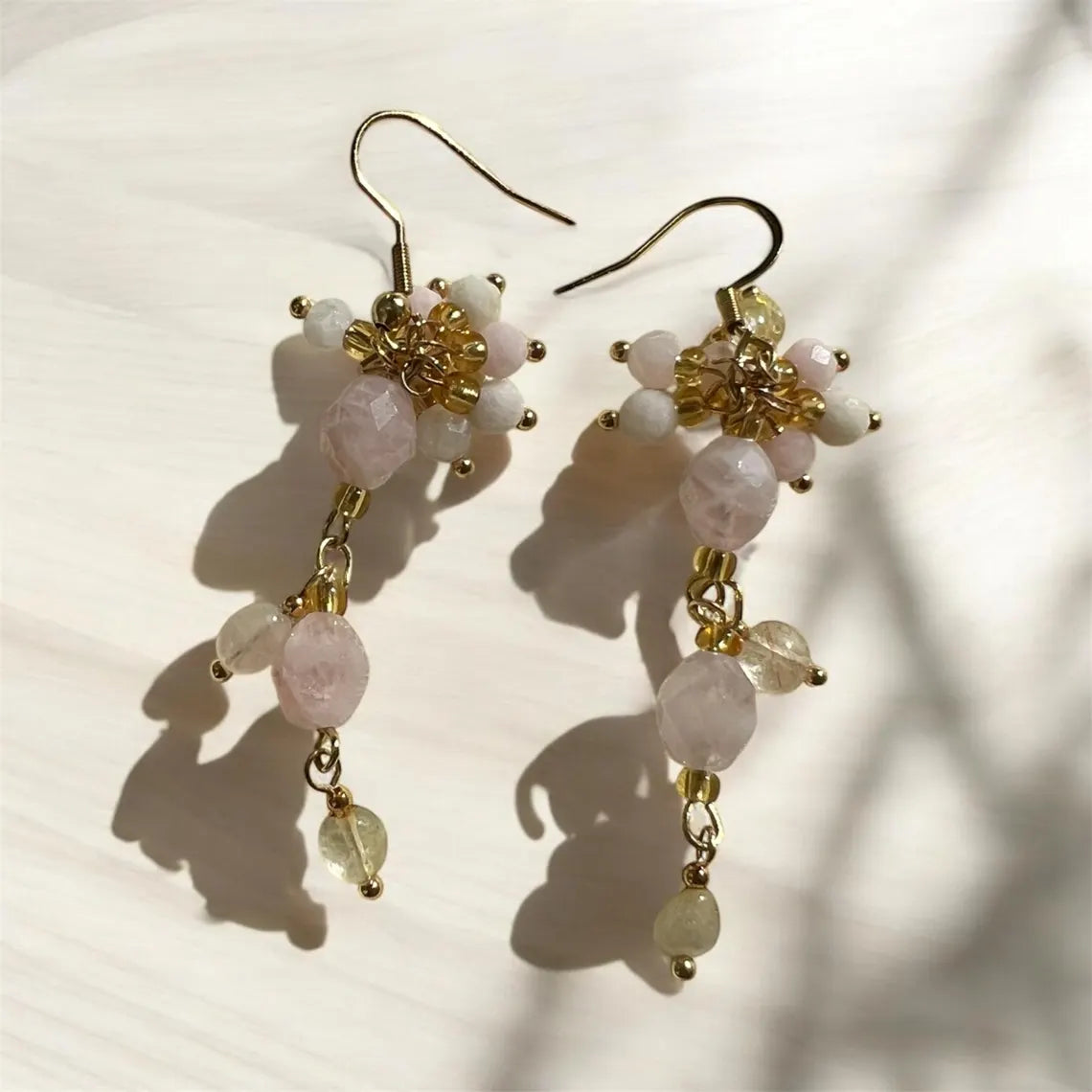 Rose Quartz and Moonstone Earrings, Gemstone Earrings, Cluster Earrings, Gold Dangle Earrings, Bridal Earrings, Wedding Earrings for Her