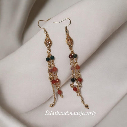Multicolor Long Cascade Earrings, Gemstone Earrings, Earthy Greens, and Red Stone Earrings, Dangle Drop Earrings, 14k Gold Plated Earrings