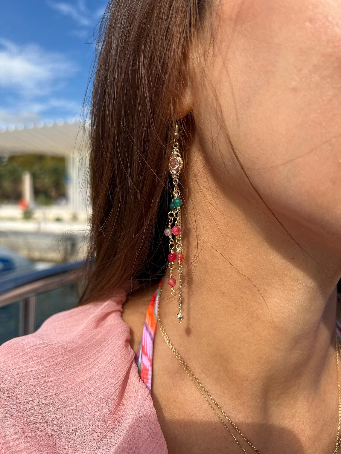 Multicolor Long Cascade Earrings, Gemstone Earrings, Earthy Greens, and Red Stone Earrings, Dangle Drop Earrings, 14k Gold Plated Earrings