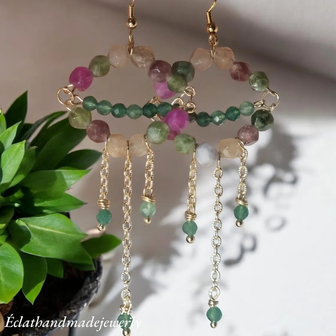 Tourmaline Dangle Earrings, Earthy Green Aventurine Earrings, Gemstone Earrings, Triangle Hoop Earrings, Bridal Earrings, Wedding Gifts