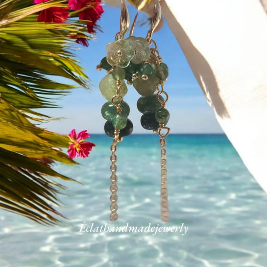 Green Aventurine Earrings, Tourmaline Dangle Earrings, Gemstone Earrings, Multi Stone Earrings, Bridal Earrings, 14k Gold Earrings for Women