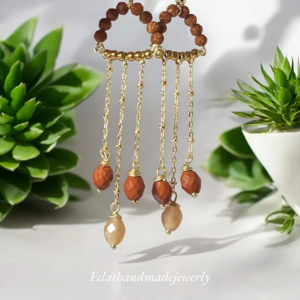 Tourmaline Brown Dangle Earrings, Tourmaline Hoop Earrings, Gemstone Earrings, 14k Gold Plated Dangle Earrings, October Birthstone Gifts