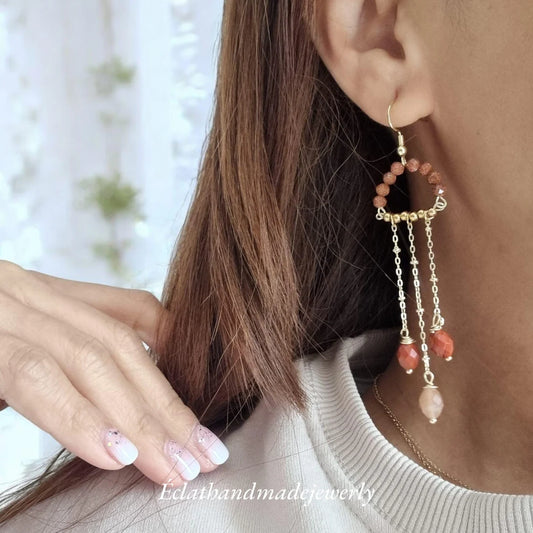 Tourmaline Brown Dangle Earrings, Tourmaline Hoop Earrings, Gemstone Earrings, 14k Gold Plated Dangle Earrings, October Birthstone Gifts