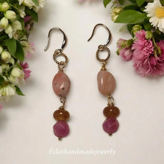 Rose Quartz and Pink Tourmaline Earrings, Gemstone Earrings, 14k Gold October Birthstone Earrings, Bridal Earrings, Wedding Earrings for Her