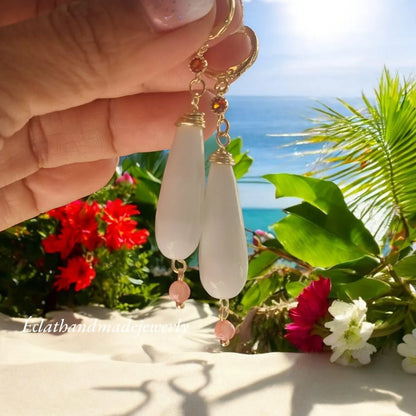 White Jade Teardrop Earrings, Gemstone Earrings, Dangle Drop Earrings, 18k Gold Zircon Rhinestone Earrings, Bridal Earrings, Jade Jewelry