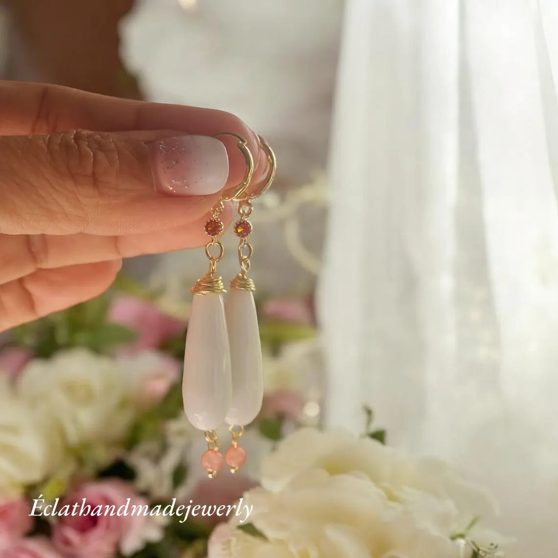 White Jade Teardrop Earrings, Gemstone Earrings, Dangle Drop Earrings, 18k Gold Zircon Rhinestone Earrings, Bridal Earrings, Jade Jewelry