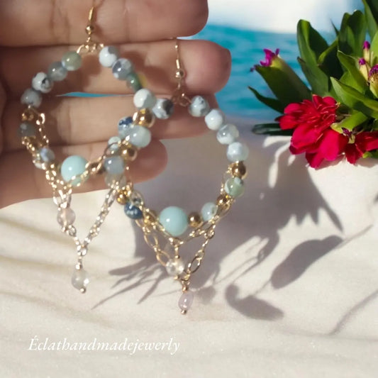 Blue Fire Dragon Vein Agate Earrings, 14k Gold Earrings, Onyx Beads Earrings, Bridal Earrings, Blue Hoop Earrings for Women, Agate Jewelry