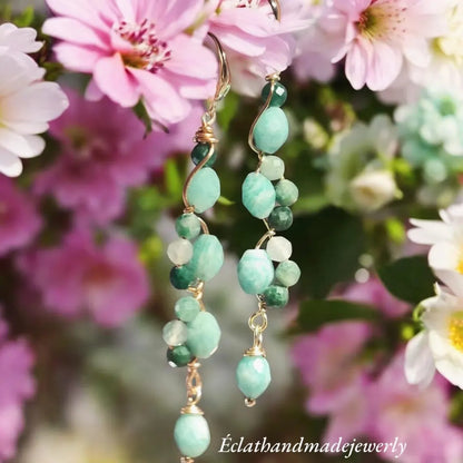 Blue Amazonite Earrings, 14k Gold Dangle Earrings, Tourmaline Jade Earrings, Gemstone Earrings, Multi Stone Earrings, Bridal Earrings