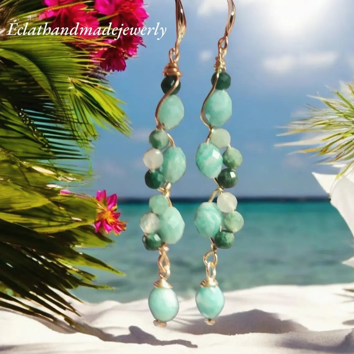 Blue Amazonite Earrings, 14k Gold Dangle Earrings, Tourmaline Jade Earrings, Gemstone Earrings, Multi Stone Earrings, Bridal Earrings