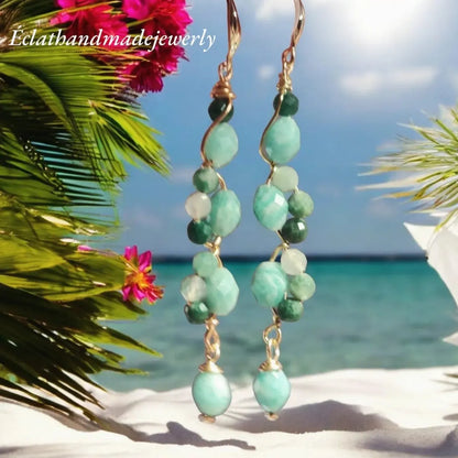 Blue Amazonite Earrings, 14k Gold Dangle Earrings, Tourmaline Jade Earrings, Gemstone Earrings, Multi Stone Earrings, Bridal Earrings