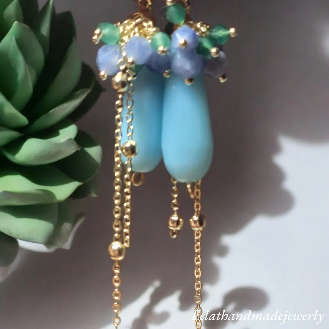 Blue Chalcedony Earrings, Chalcedony Gemstone Earrings, 14k Gold Teardrop Earrings, Green Aventurine Earrings, Tourmaline Cluster Earrings