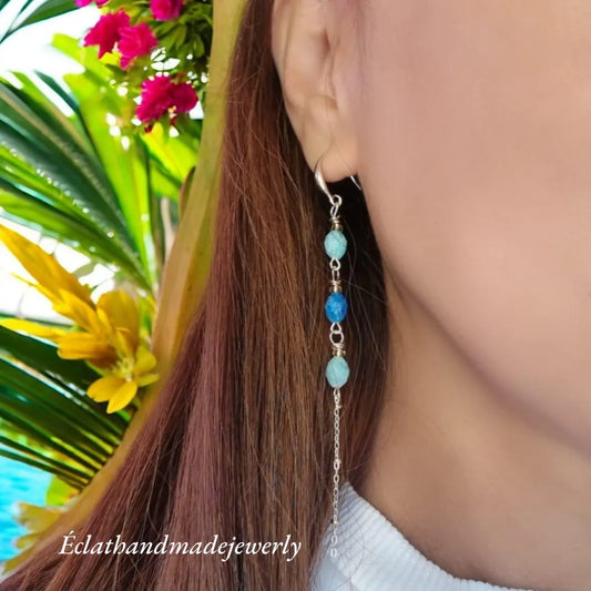 Blue Amazonite Earrings, 14k Gold Plated Earrings, Gemstone Earrings, Long Dangle Earrings, Multi Stone Earrings, Birthday Gifts for Women