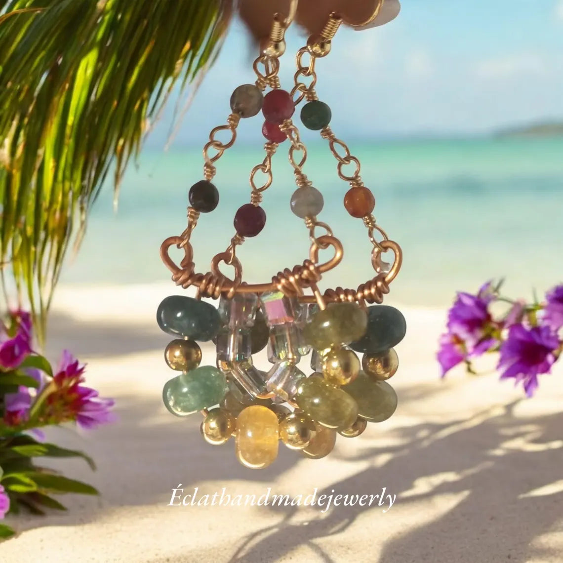 Tourmaline Dangle Earrings, 14k Gold Plated Hoop Earrings, Triangle Earrings, Multi Stone Earrings, Bridal Earrings, Birthday Gifts for Her