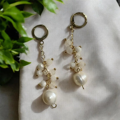 Freshwater Pearl Dangle Earrings, Moonstone Cluster Earrings, 14k Gold Earrings, Gemstone Earrings, Bridal Earrings, Anniversary Earrings