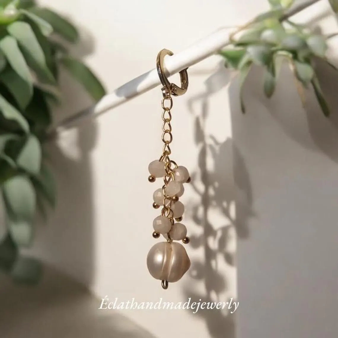 Freshwater Pearl Dangle Earrings, Moonstone Cluster Earrings, 14k Gold Earrings, Gemstone Earrings, Bridal Earrings, Anniversary Earrings