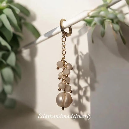 Freshwater Pearl Dangle Earrings, Moonstone Cluster Earrings, 14k Gold Earrings, Gemstone Earrings, Bridal Earrings, Anniversary Earrings