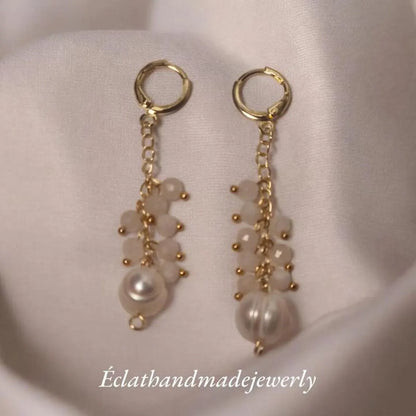 Freshwater Pearl Dangle Earrings, Moonstone Cluster Earrings, 14k Gold Earrings, Gemstone Earrings, Bridal Earrings, Anniversary Earrings