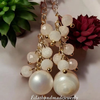 Freshwater Pearl Dangle Earrings, Moonstone Cluster Earrings, 14k Gold Earrings, Gemstone Earrings, Bridal Earrings, Anniversary Earrings