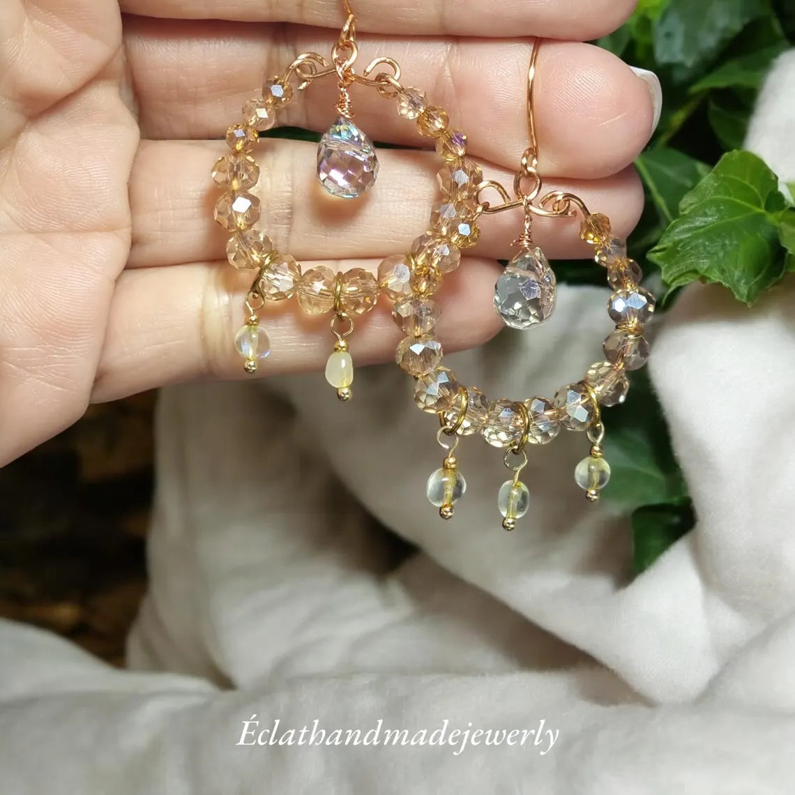 Crystal Hoop Earrings, Champagne Natural Stone Earrings, Dangle Earrings, Bridal Earrings, Bridal Champagne Earrings, Bridesmaids Earrings