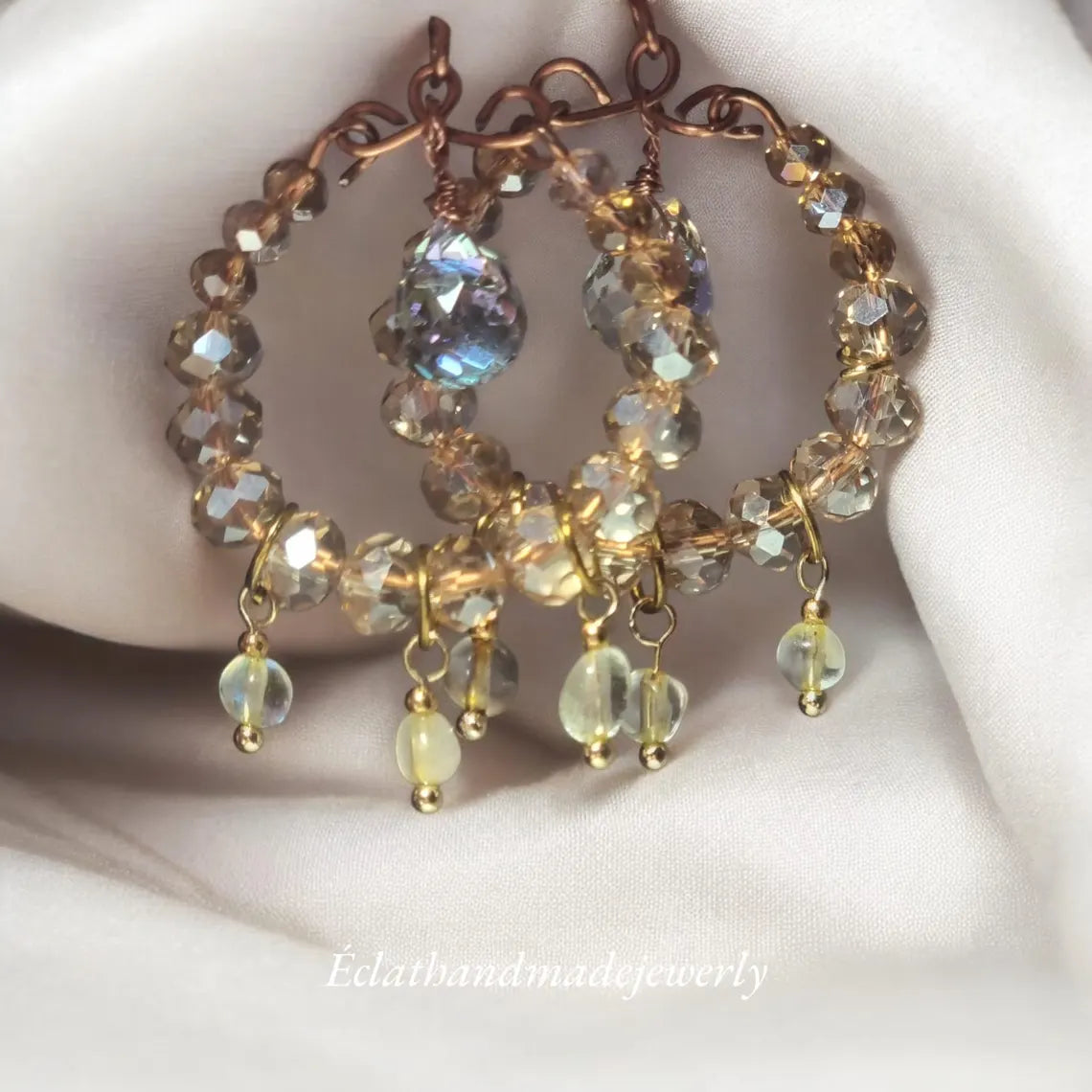 Crystal Hoop Earrings, Champagne Natural Stone Earrings, Dangle Earrings, Bridal Earrings, Bridal Champagne Earrings, Bridesmaids Earrings