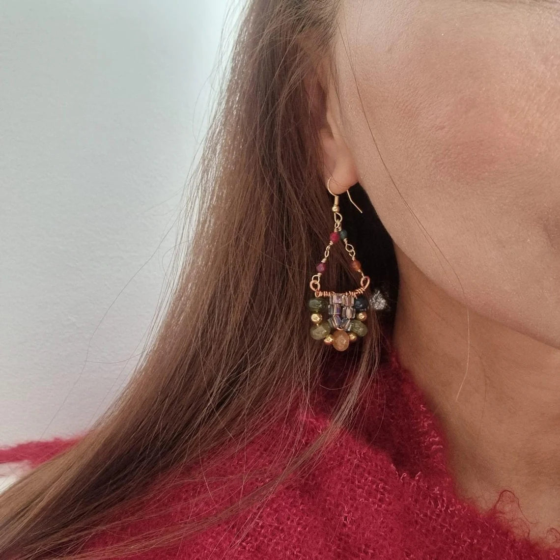 Tourmaline Dangle Earrings, 14k Gold Plated Hoop Earrings, Triangle Earrings, Multi Stone Earrings, Bridal Earrings, Birthday Gifts for Her