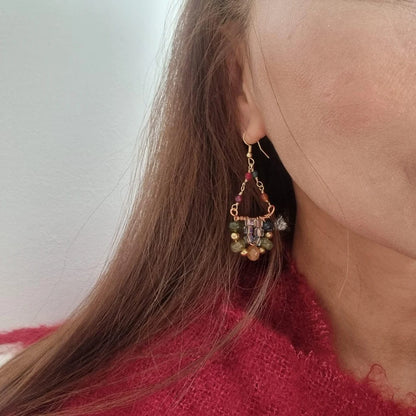 Tourmaline Dangle Earrings, 14k Gold Plated Hoop Earrings, Triangle Earrings, Multi Stone Earrings, Bridal Earrings, Birthday Gifts for Her