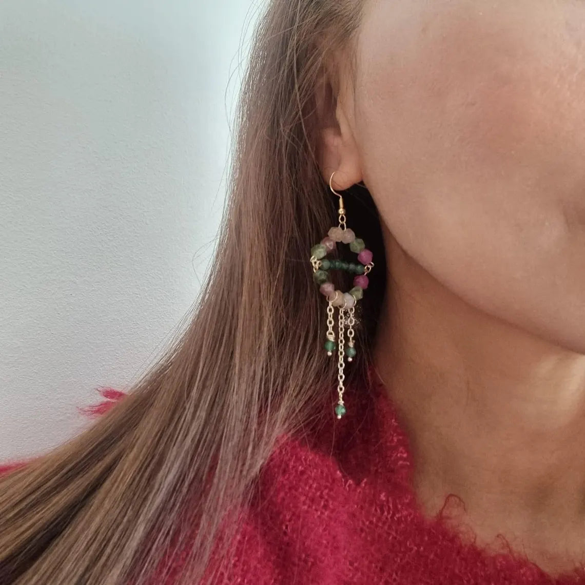Tourmaline Dangle Earrings, Earthy Green Aventurine Earrings, Gemstone Earrings, Triangle Hoop Earrings, Bridal Earrings, Wedding Gifts
