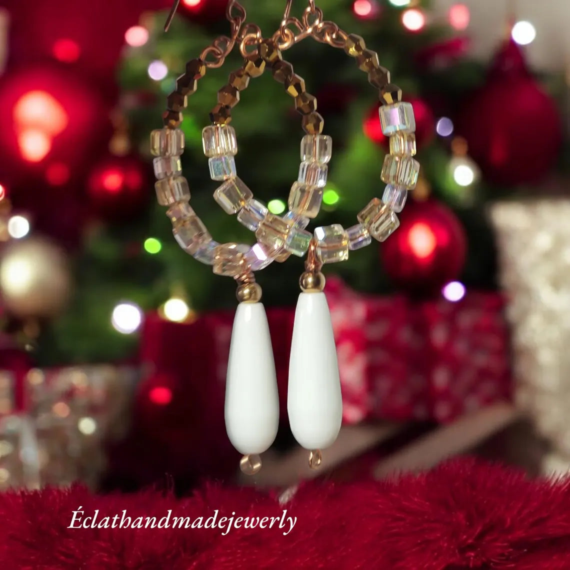 White Jade Teardrop Earrings, Dangle Drop Earrings, Crystal Cube Earrings, Hoop Earrings for Women, Bridal Earrings, Gemstone Jewelry