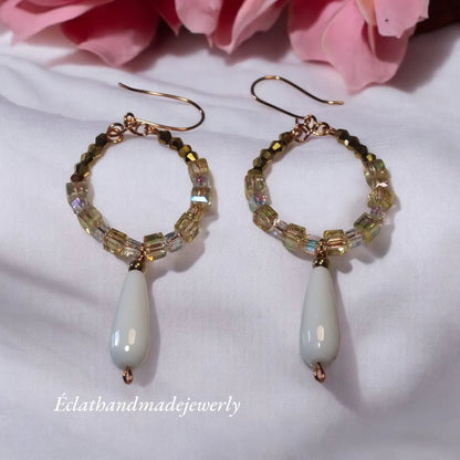 White Jade Teardrop Earrings, Dangle Drop Earrings, Crystal Cube Earrings, Hoop Earrings for Women, Bridal Earrings, Gemstone Jewelry