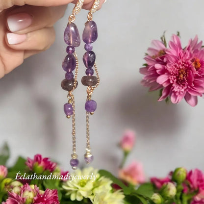 Amethyst Earrings, Amethyst Gemstone Earrings, Purple Earrings, Long Dangle Earrings, Bridal Earrings for Her, Wedding Earrings for Women