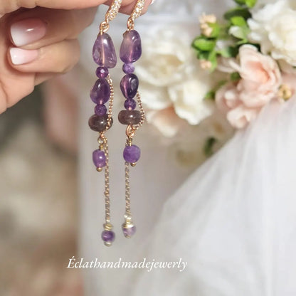 Amethyst Earrings, Amethyst Gemstone Earrings, Purple Earrings, Long Dangle Earrings, Bridal Earrings for Her, Wedding Earrings for Women