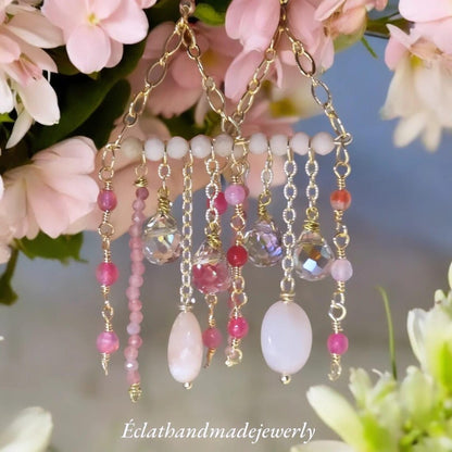 Rose Quartz and Pink Chandelier Earrings, Gemstone Earrings, Natural Beaded Earrings, Bridal Earrings for Her, Wedding Earrings for Women